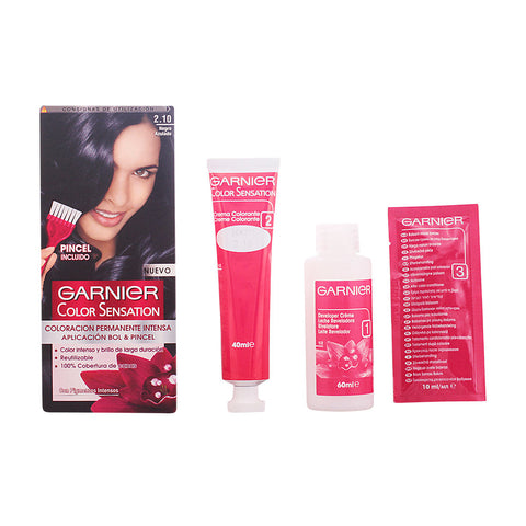 Jag Couture London - New York Garnier Color Sensation 2.10 Bluish Black hair dye tube, close-up of the product packaging.