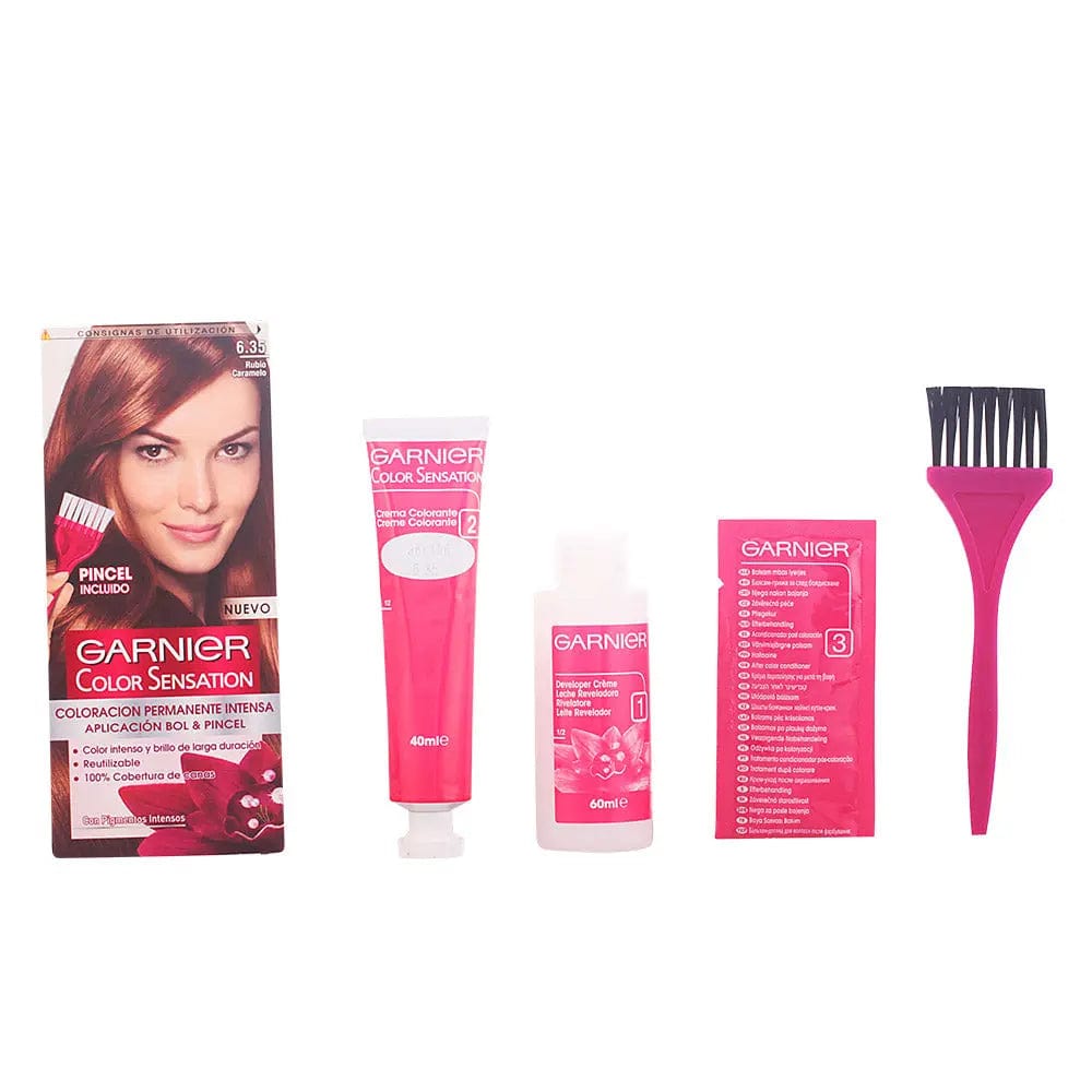 Jag Couture London-New York showcases Garnier Color Sensation 6.35 Blond Candy hair dye in a vibrant shade, with the product tube visible.