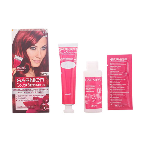 Garnier Color Sensation 6.60 Deep Red hair dye box with vibrant red hair model, by Jag Couture London New York.