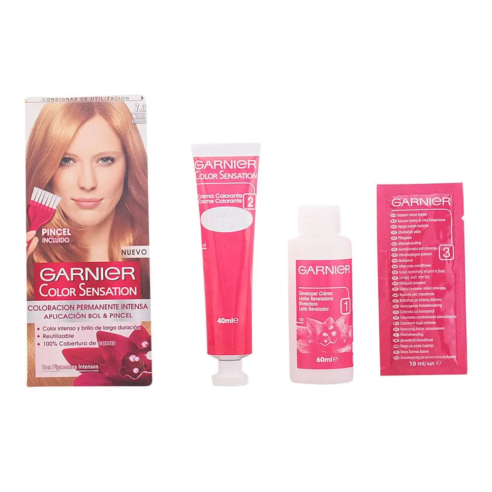 Garnier Color Sensation 7.3 Golden Blond hair dye box with brand logo and vibrant packaging, showcasing a blonde hair color.