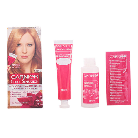 Garnier Color Sensation 7.3 Golden Blonde hair dye box with product details and brand logo on packaging.