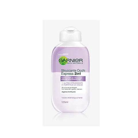 Garnier Essencial Express Eye Makeup Remover 125ml bottle with clear liquid and white cap for gentle eye makeup removal
