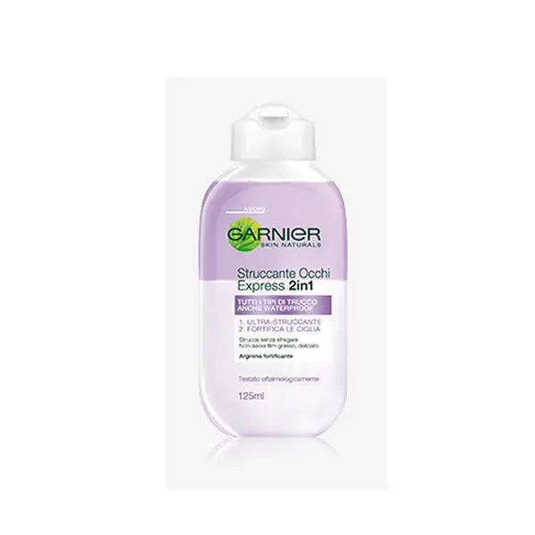 Garnier Essencial Express Eye Makeup Remover 125ml bottle on a white background, with brand label visible.