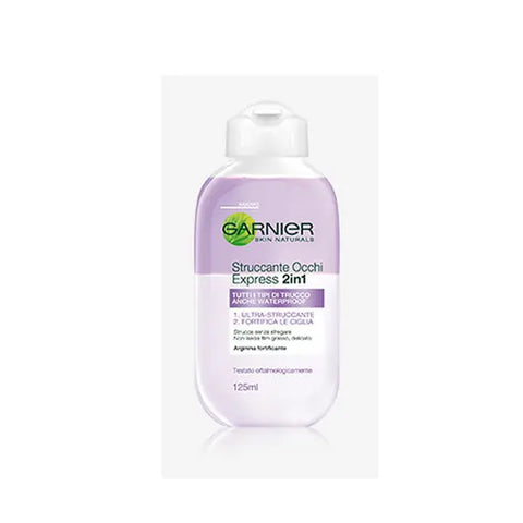 Garnier Essencial Express Eye Makeup Remover 125ml bottle with clear liquid, displayed on a neutral background.