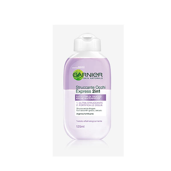 Jag Couture London New York Garnier Essencial Express Eye Makeup Remover 125ml bottle with clear liquid and white cap.