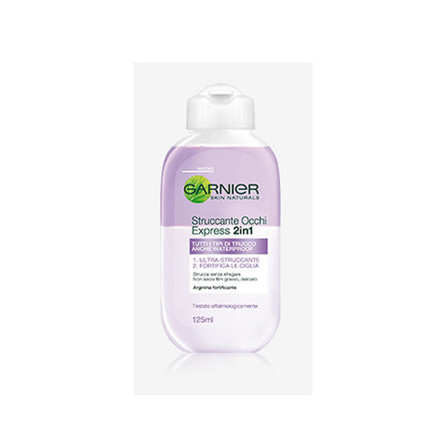 Jag Couture London New York Garnier Essencial Express Eye Makeup Remover 125ml bottle with clear liquid and white cap.