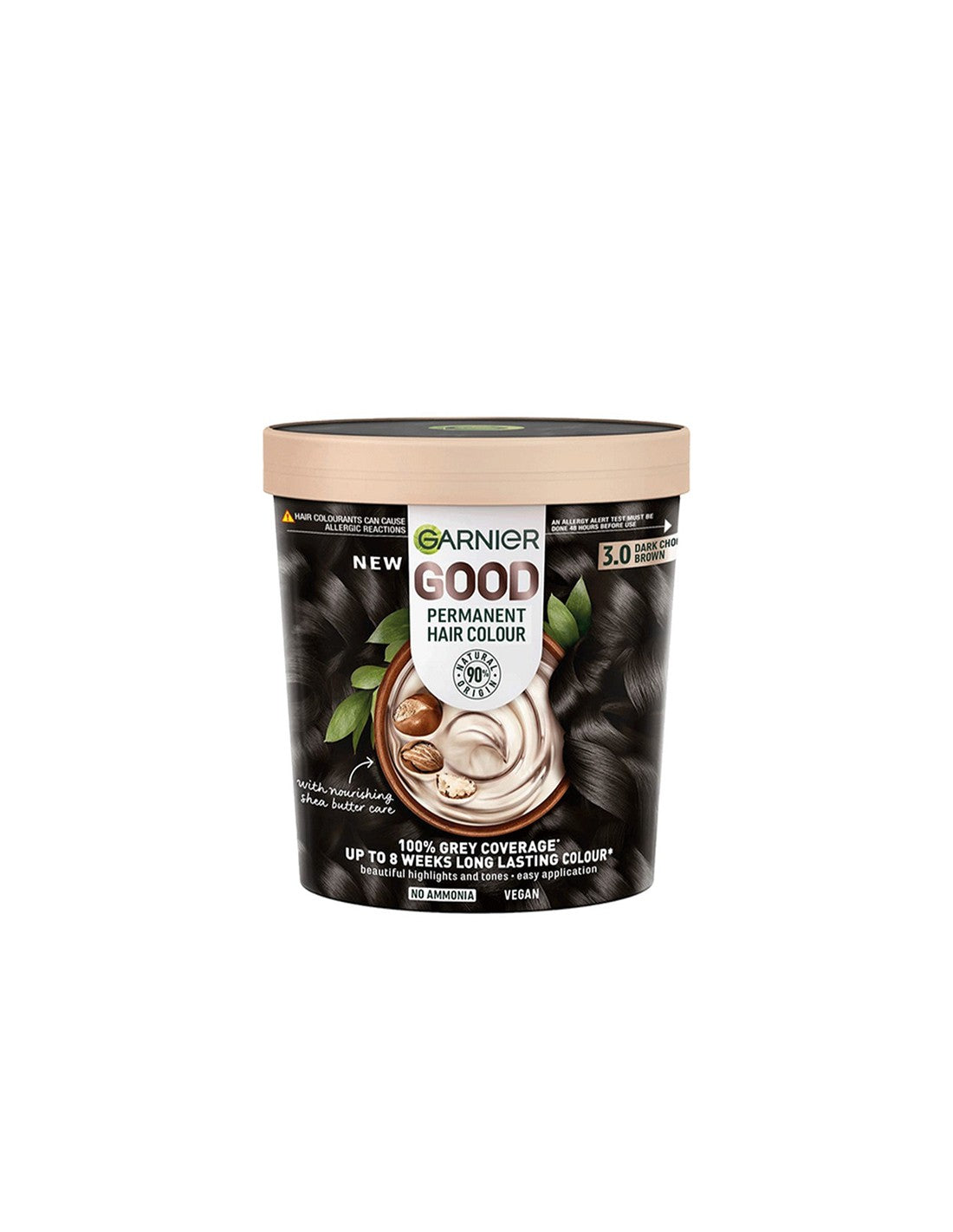 Jag Couture London - New York Garnier Good Permanent Hair Color 3.0 Dark Brown tube, close-up of product packaging.