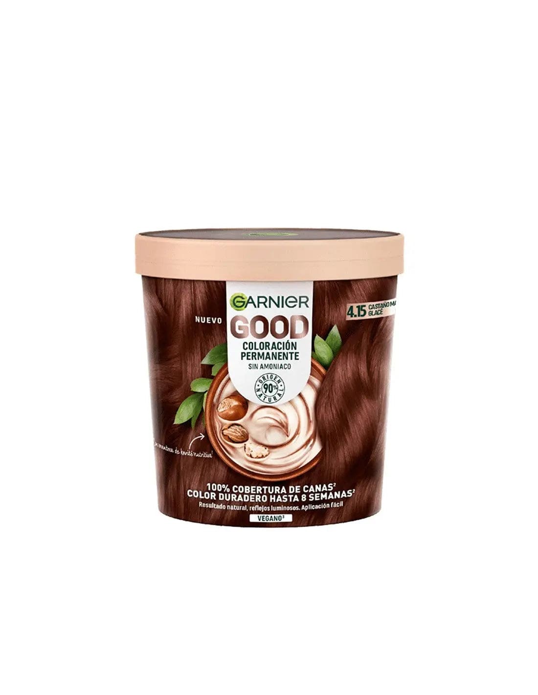 Garnier Good Coloración Permanente 4.15 Castaño Glacé hair dye, shown in a tube with packaging, by Jag Couture London - New York