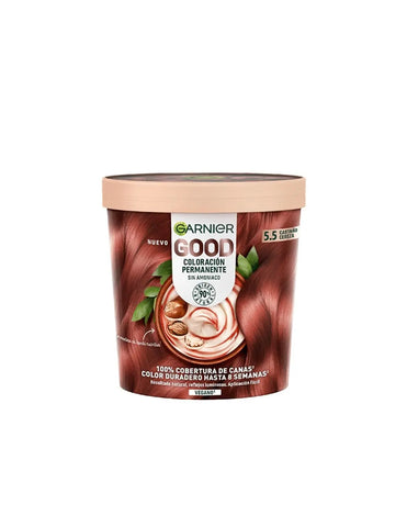 Garnier Good Coloración Permanente 5,5 Castaño Cereza hair dye by Jag Couture London New York showing the box and product packaging