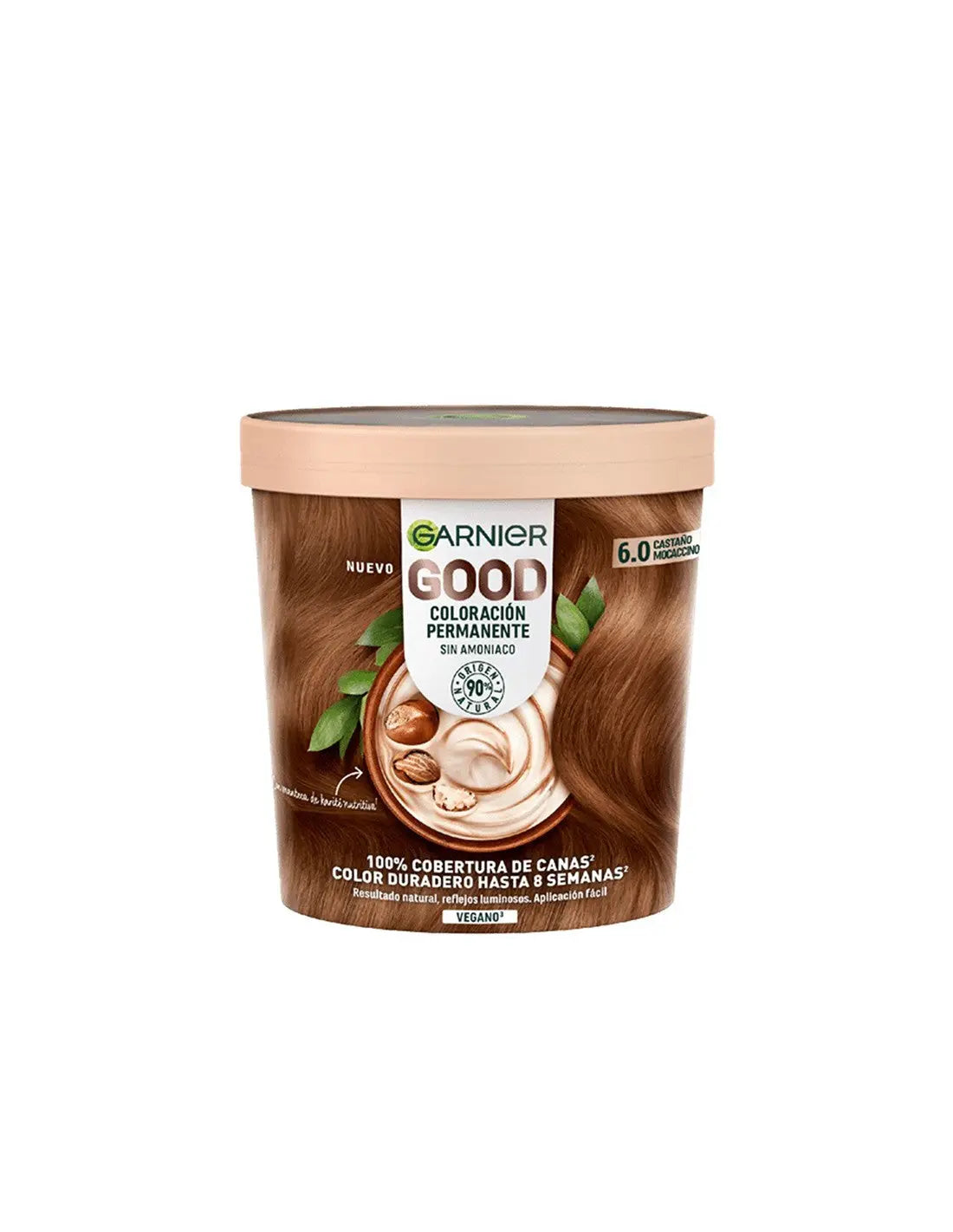 Garnier Good Coloración Permanente 6.0 Castaño Mocaccino hair dye in tube, displayed with brand packaging and product label