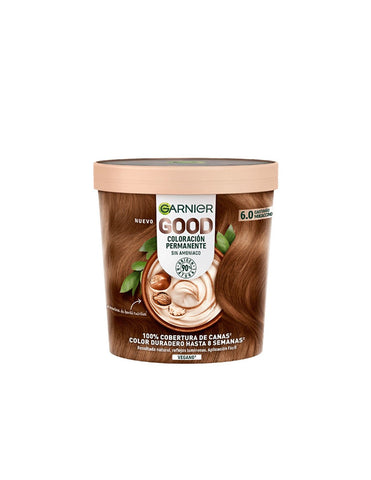 Garnier Good Color permanent hair dye in shade 6.0 Castaño Mocaccino, by Jag Couture London - New York, showing the product packaging.