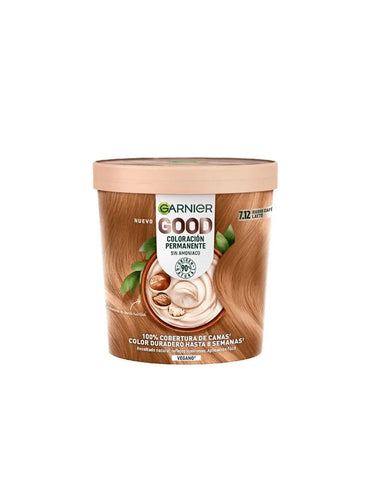 Garnier Good Coloración Permanente 7,12 Rubio Café Latte in a tube, shown with the product packaging on a white background.