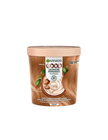 Garnier Good Coloración Permanente 7.12 Rubio Café Latte hair dye box, featuring packaging with product details and brand logo.