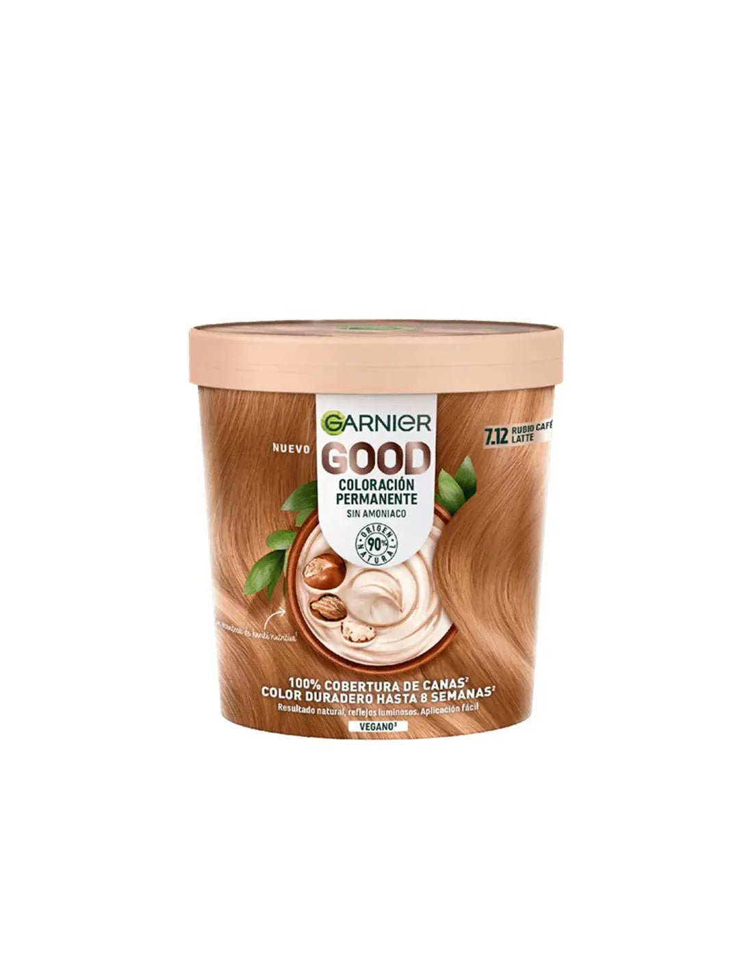 Garnier Good Coloración Permanente 7,12 Rubio Café Latte hair dye tube with product label and packaging visible.