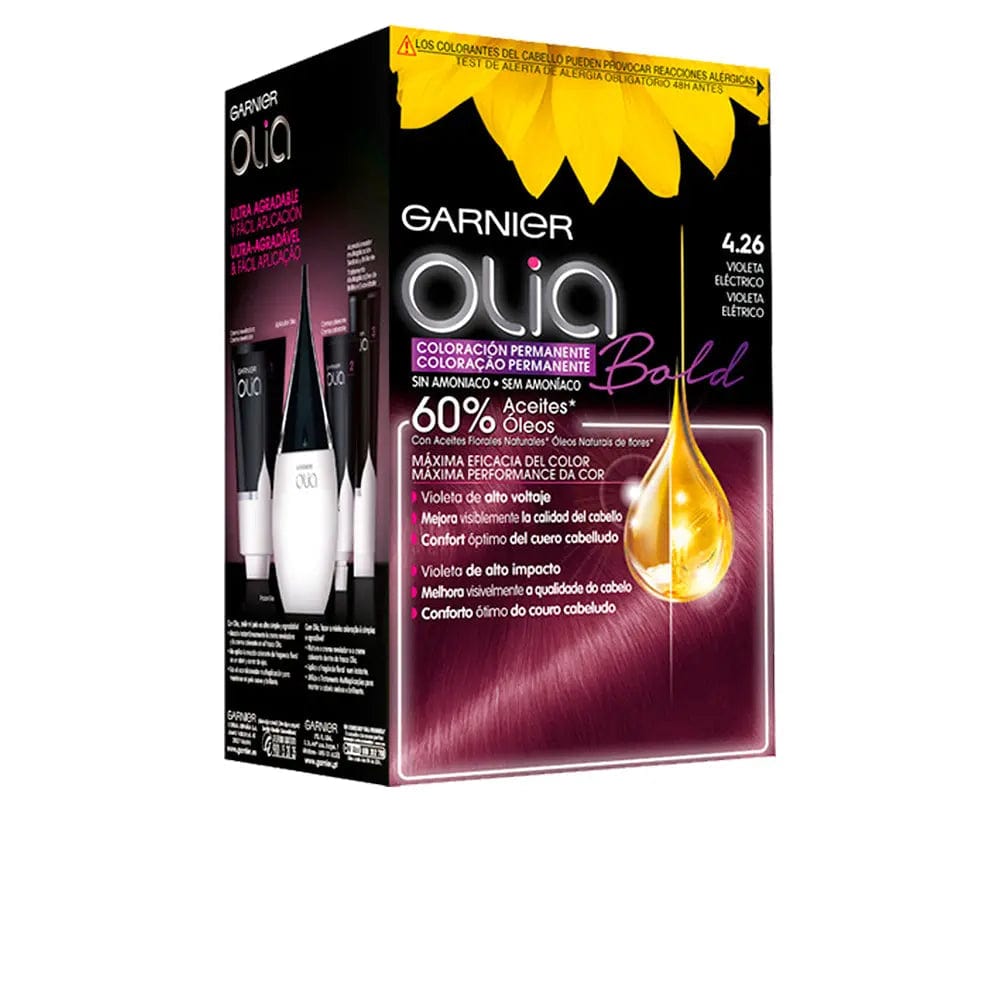 Set of four Garnier Olia permanent violet electric hair dyes by Jag Couture London - New York, showing vibrant violet color bottles