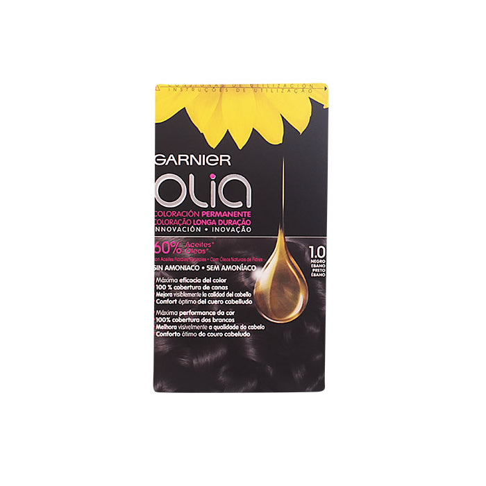 Jag Couture London - New York Garnier Olia Permanent Hair Color 1.0 Black Ebony, showing the boxed product with black and gold packaging.