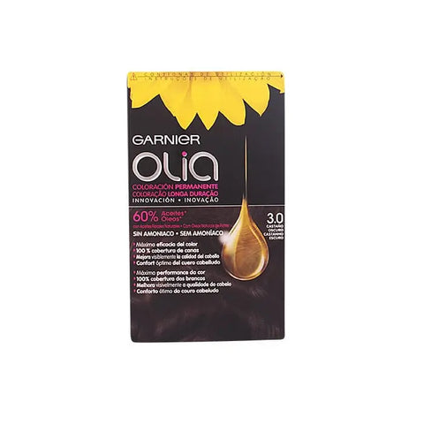 Garnier Olia permanent hair dye in 3.0 Dark Brown, with packaging featuring natural brown hair and brand logo.