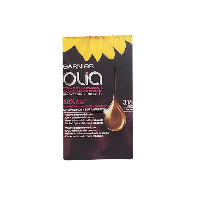 Garnier Olia permanent hair dye in shade 3.16 Fiddle, featuring the product packaging with branding from Jag Couture London New York.