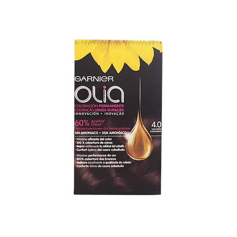 Jag Couture London New York Garnier Olia Permanent Hair Color 4.0 Brown, showing the vibrant brown shade in the packaging.