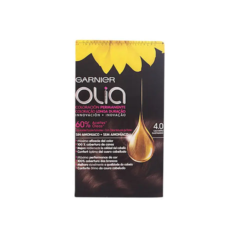 Garnier Olia permanent hair coloring in shade 4.0 Brown, with a bottle and gloves for at-home hair dyeing by Jag Couture London New York