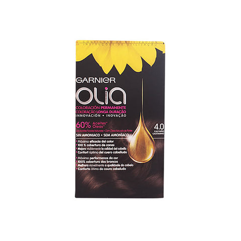 Garnier Olia permanent brown hair color in shade 4.0, shown in a box with vibrant packaging and hair color application images.