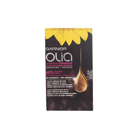 Garnier Olia permanent hair dye in shade 5.0 Light Brown, shown in a tube with hair color swatch, on a neutral background.