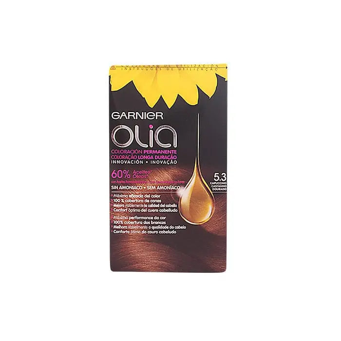 Garnier Olia permanent hair coloring in shade 5.3 Capuccino displayed in a bottle, with packaging featuring Garnier branding.