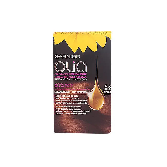 Garnier Olia permanent hair dye in shade 5.3 Capuccino, with packaging showing the box and product details.