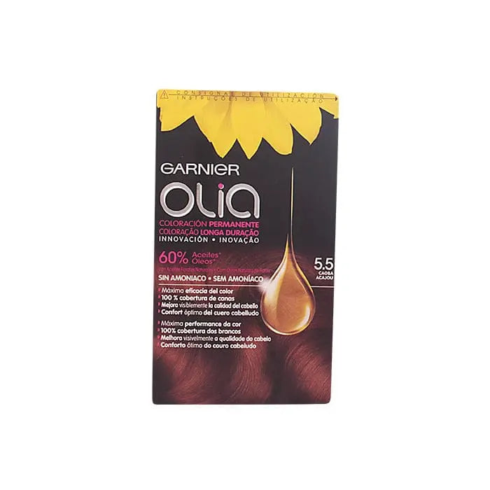 Garnier Olia permanent hair color in shade 5.5 Mahogany, featuring a rich, deep red-brown hue with brand packaging visible.