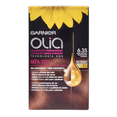 Garnier Olia permanent hair dye in 6.35 Blond Caramel, with a bottle of the coloring product and a model with caramel blonde hair.