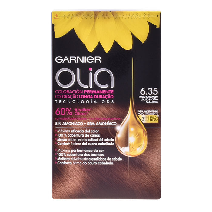 Garnier Olia permanent hair color in shade 6.35 Blond Caramel, featuring the product bottle with color label and applicator cap.