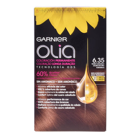 Garnier Olia permanent hair color in shade 6.35 Blond Caramel, featuring the product bottle with color label and applicator cap.