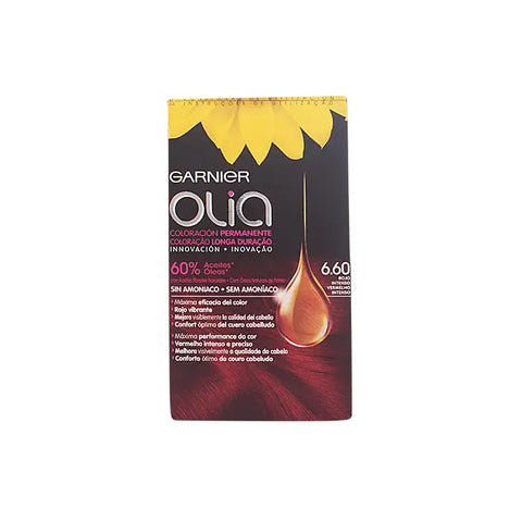 Garnier Olia permanent hair color in shade 6.60 Deep Red, with packaging featuring bold red hair and vibrant branding.