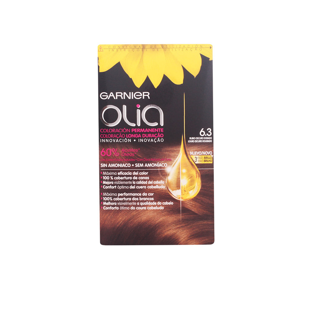 Garnier Olia permanent hair coloring in 7.3 Golden Dark Blonde, with a close-up of the product bottle and packaging.