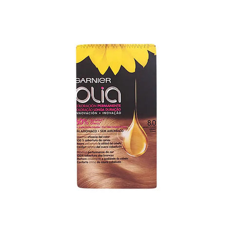 Garnier Olia permanent hair color in 8.0 Light Blond, featuring the product bottle with vibrant packaging and branding.