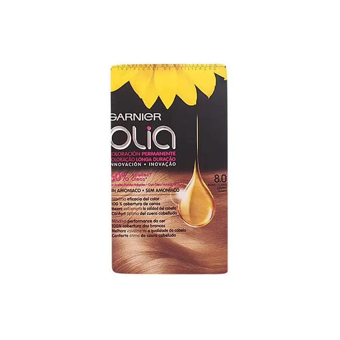 Garnier Olia permanent hair color in 8.0 Light Blond, featuring a box with hair dye and color instructions from Jag Couture London.