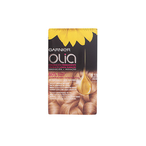 Garnier Olia permanent hair color in 8.31 Blond Honey, shown in a tube with packaging and color swatch.