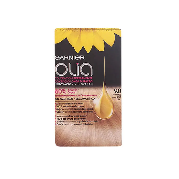 Garnier Olia permanent hair color in 9.0 Very Light Blonde, with a box showing the product and brand details.