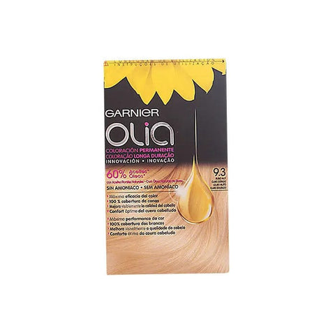 Garnier Olia permanent hair color in 9.3 Blond Very Light Golden, shown in a tube with golden blonde hair sample.