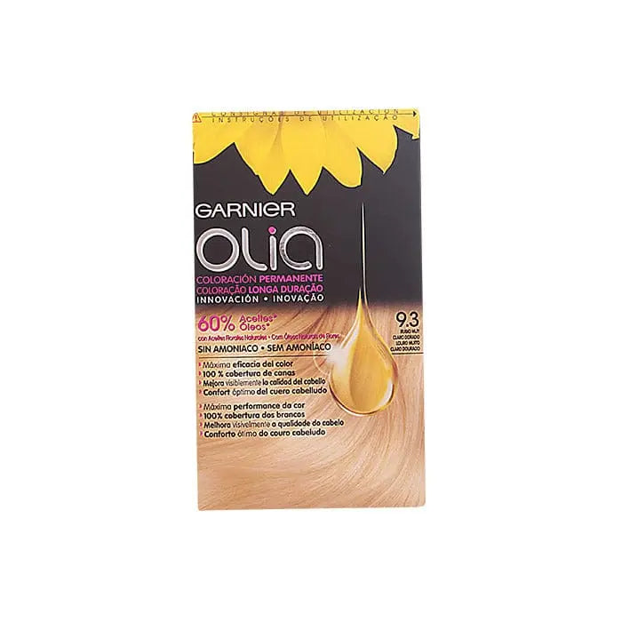 Garnier Olia permanent hair dye in 9.3 Blond Very Light Golden, featuring the product bottle with golden highlights and branding.