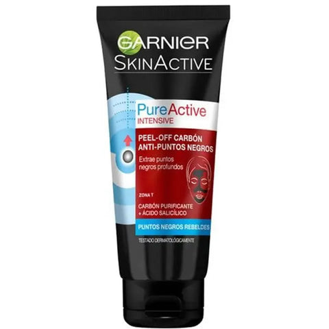 Garnier Pure Active Intensive Peel-Off Carbon Mask for blackheads, 50ml, shown in a tube with black peel-off mask applied.