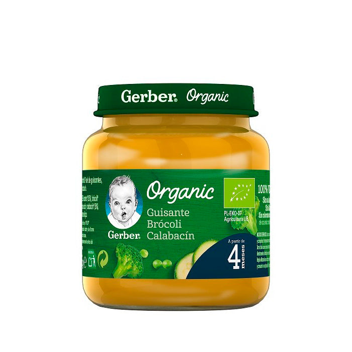 Gerber Organic Pea, Broccoli, and Courgette baby food jar by Jag Couture London - New York, 125g with fresh vegetable ingredients