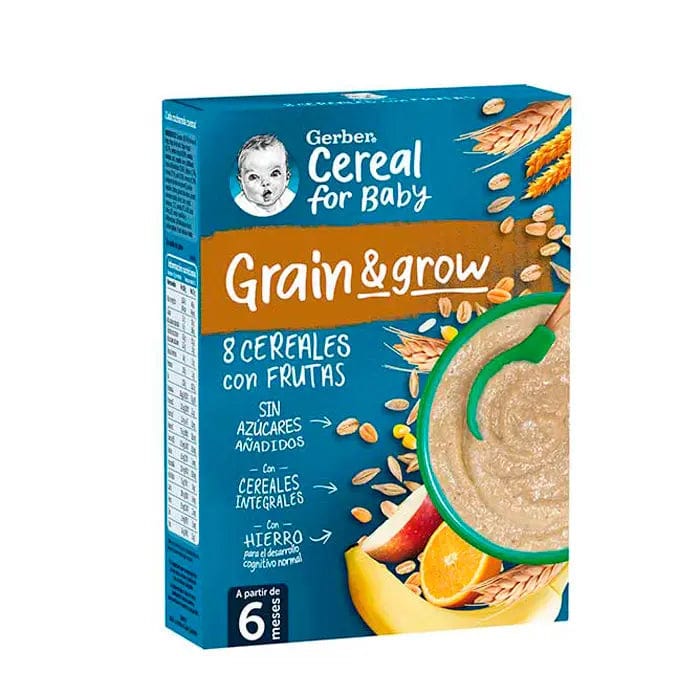 Gerber Porridge 8 Cereals and Fruit 250g jar with label, featuring colorful cereal and fruit illustrations.