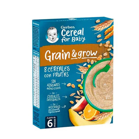 Gerber Porridge 8 Cereals and Fruit 250g jar with label, featuring colorful cereal and fruit illustrations.