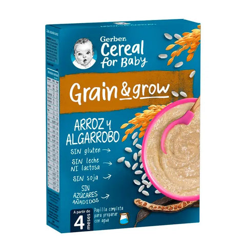 Jar of Gerber Rice and Carob Porridge by Jag Couture London - New York, 250g container with label and product details visible.