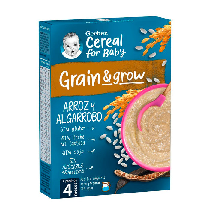 Gerber rice and carob porridge in 250g package by Jag Couture London New York, showing the product in a clear container.