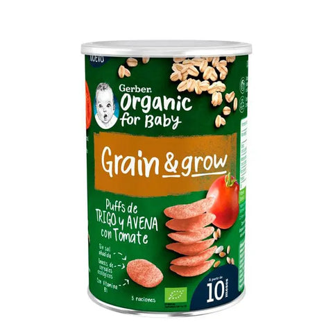 Gerber Snack Organic Cereals and Tomato 35g package, featuring colorful cereal pieces and fresh tomato on the label.