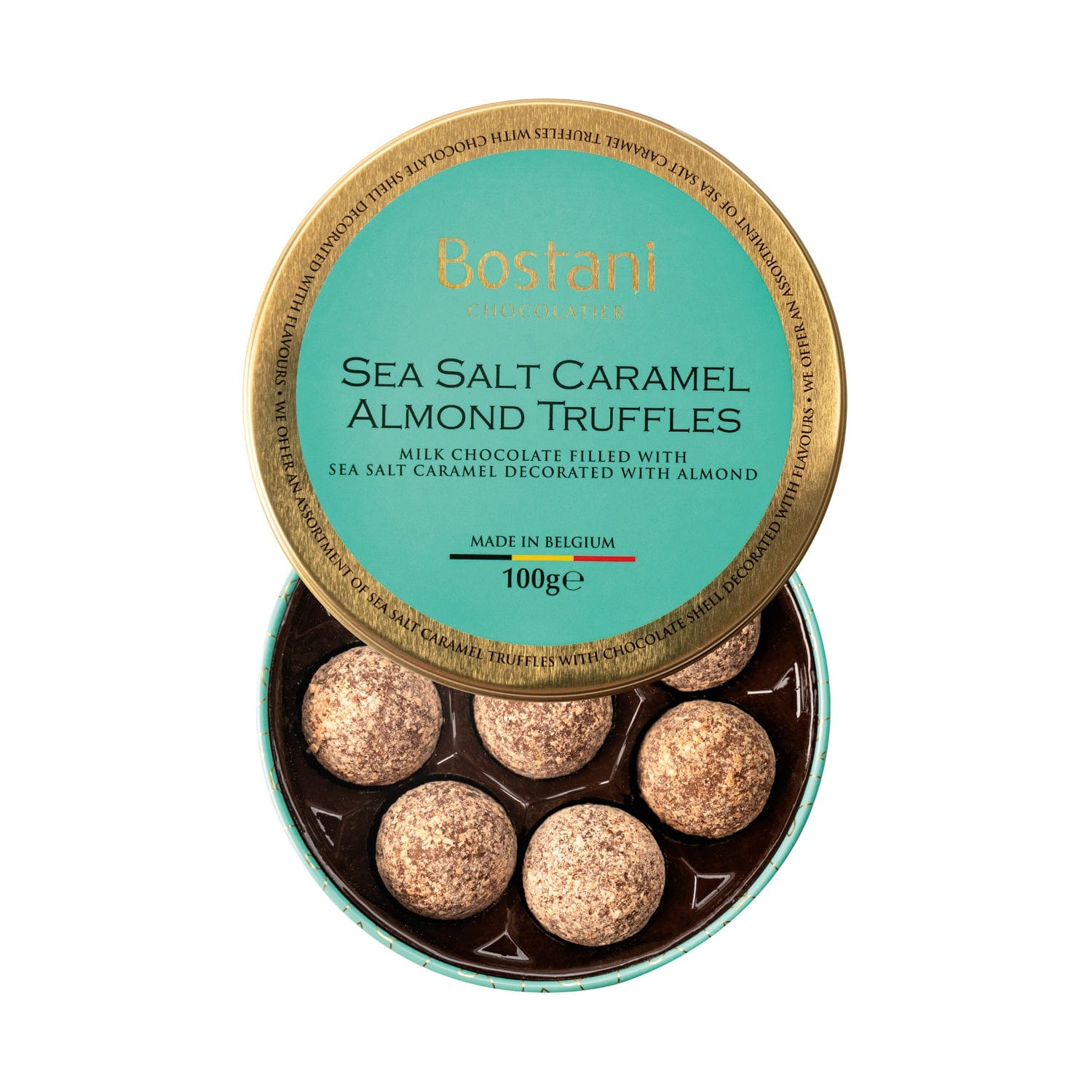 Jag Couture London New York gift tin of sea salt caramel almond milk chocolate truffles rolled in almond flavor powder, 11x3.6cm