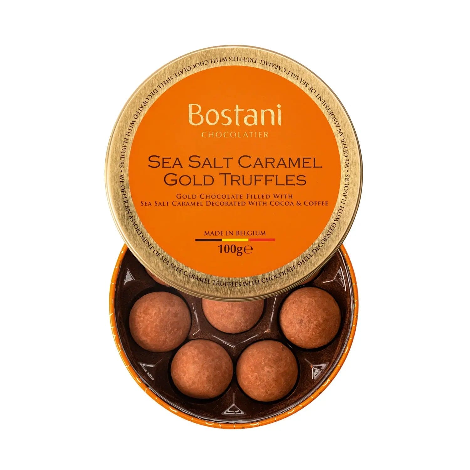 Gift tin of Jag Couture London sea salt caramel gold chocolate truffles rolled in cocoa and coffee powder, 11 x 3.6cm.