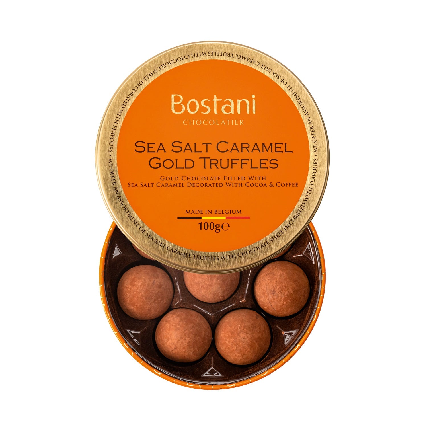 Gift tin of Jag Couture London sea salt caramel chocolate truffles coated in cocoa and coffee powder, 11 pieces, 3.6cm each.